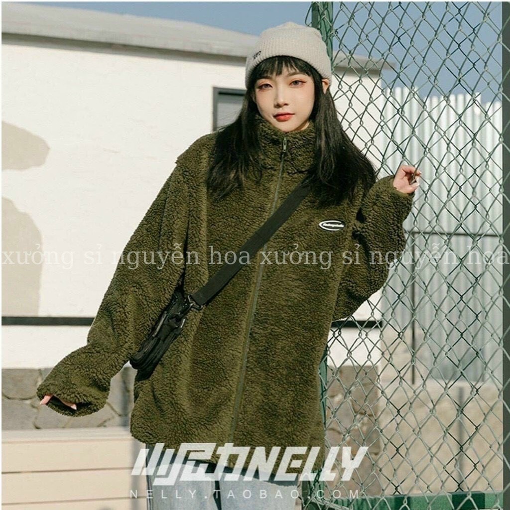 Áo sweater lông kéo dây thêu hình vuông đen nhỏ xinh xắn cho cô nàng năng động