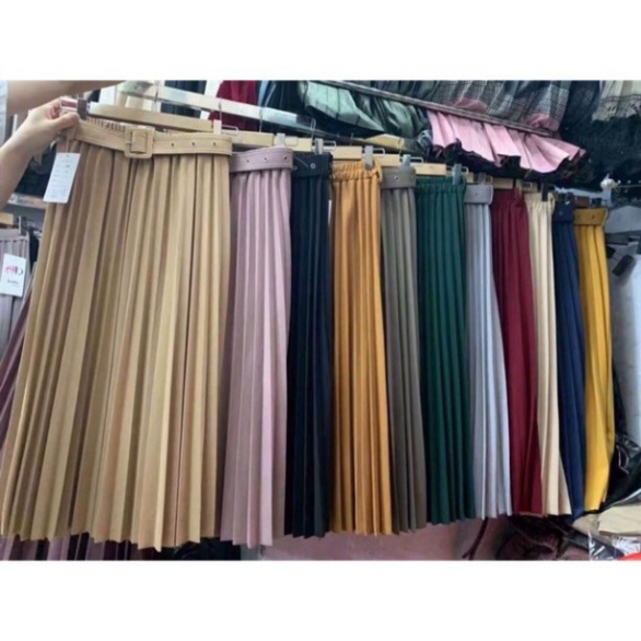 Chân Váy Xếp Ly Dài Kèm Đai Hàng QC (có Video, Ảnh thật) May Vải Đẹp