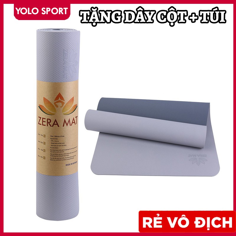 Thảm tập Yoga Màu Xám 2 lớp TPE dày 8mm ZeraMat cao cấp có dây cột và túi đựng