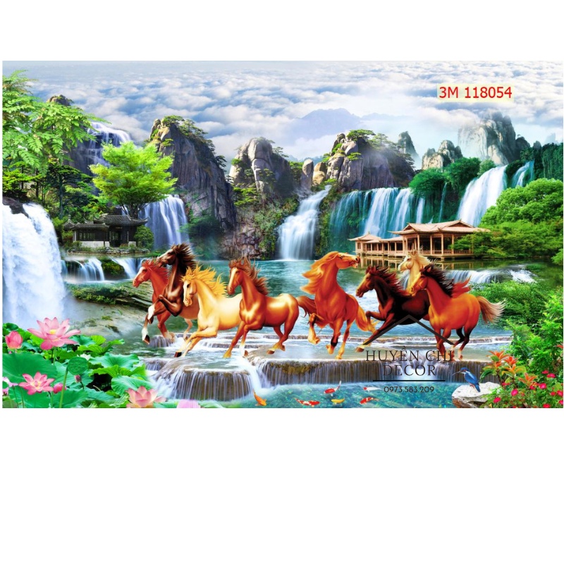 Tranh dán tường 3d Mã Đáo Thành Công- Bát mã - Huyền Chi - vải lụa cao cấp tặng kèm keo dán