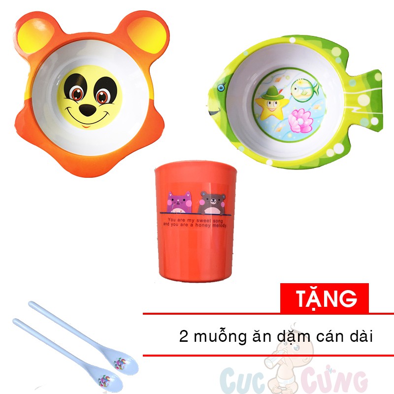 Bộ chén ăn hình gấu + Tô trẻ em in hình kiểu con cá bằng nhựa - 36 + ly uống nước in hình Tặng 2 muỗng cán dài cho bé