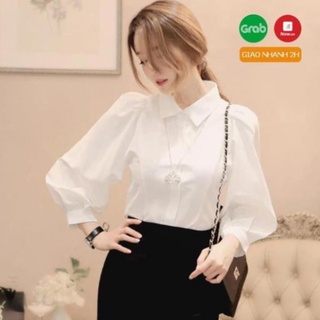 Áo Sơ Mi Trắng Nữ, Áo Kiểu Hàn Quốc Tay Dài Phồng Chất Thô Lụa Cao Cấp Hàng Thiết Kế Form Dáng Chuẩn Dễ Phối Đồ.