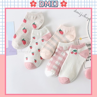 Set 5 đôi tất nữ cổ thấp họa tiết đáng yêu hình dâu hồng thấp T96