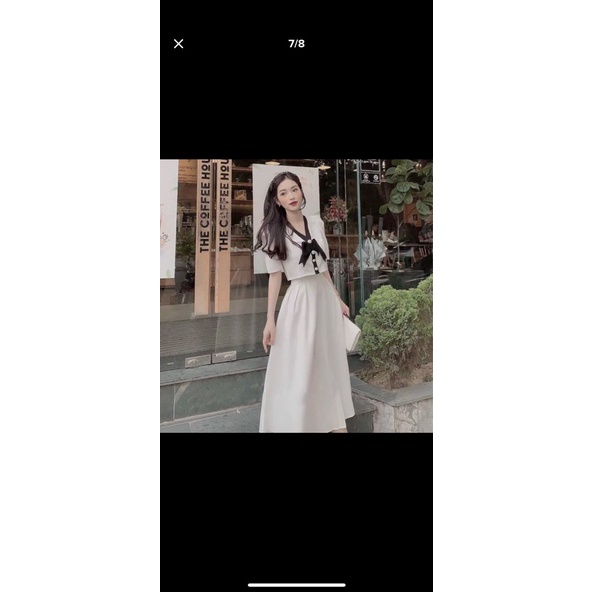 [8.8 Sales Freeship] Set váy tiểu thư vintage, set áo tay búp cổ v đính nơ to phối viền nút kèm chân váy dài sang trọng
