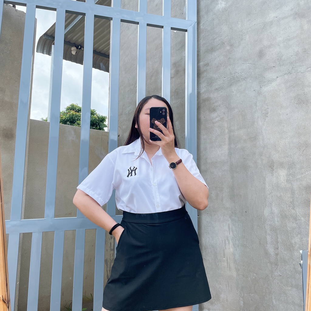 Áo sơ mi Bigsize CÔ NHỎ nữ có thêu NY cho nàng Chuppy girl mũm mĩm từ 60-100kg mặc vừa - SMNY