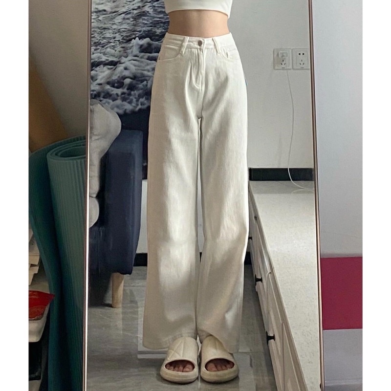 Quần jean suông ống tocjean rộng cạp cao nữ màu trắng