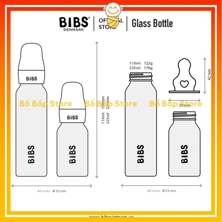 Bình Sữa BIBS Thủy Tinh ⚡𝟭𝟬𝟬% CHÍNH HÃNG⚡ Núm Ti Cao Su Siêu Mềm 110ml - 225ml