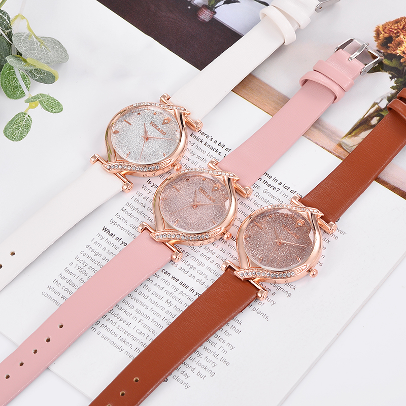 ZOLFA Elegant Pink Starry Sky Rhinestone Women Leather Watches Fashion White Ladies Quartz Wristwatch Analog Clock Exquisite Wrist Accessories Đồng hồ nữ