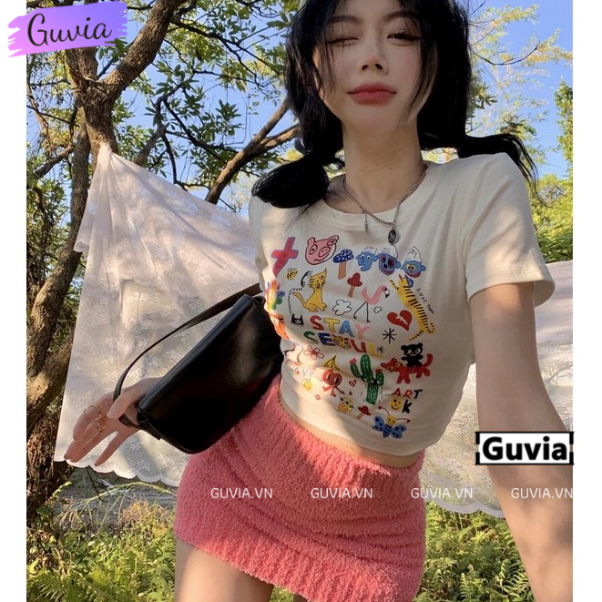 Áo Croptop Ôm Body Nữ STAY SEOUL Cổ Tròn Tay Ngắn, Áo Thun Croptop Kiểu Sexy In Hình Đẹp GUVIA CR64