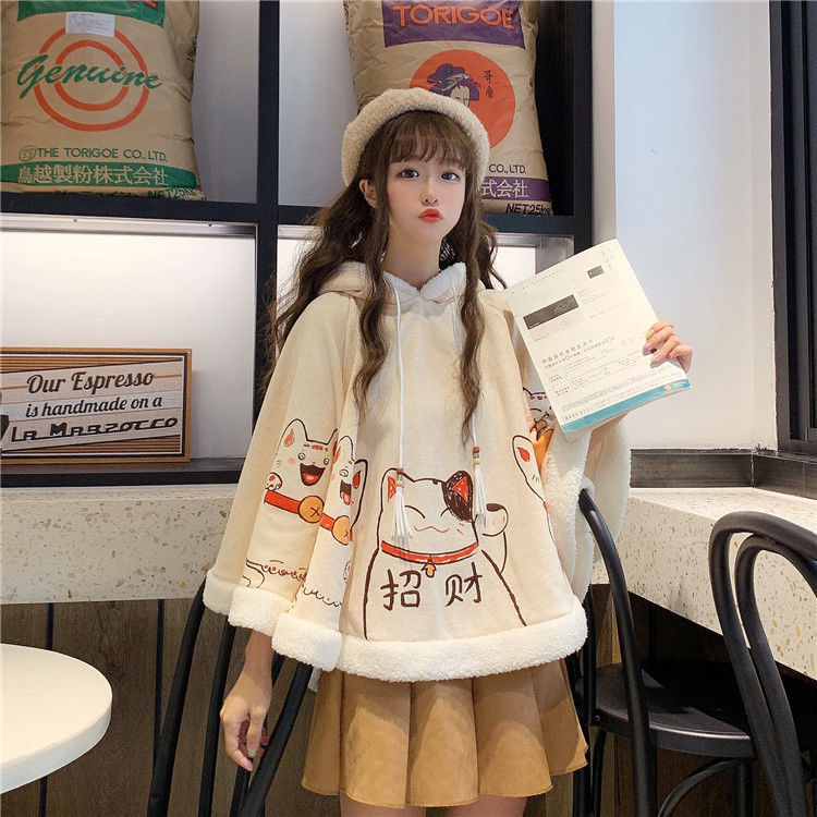 Áo thun có thể mặc 100kg💗Áo khoác lông dày hình tai mèo dễ thương thời trang thu đông cho học sinh