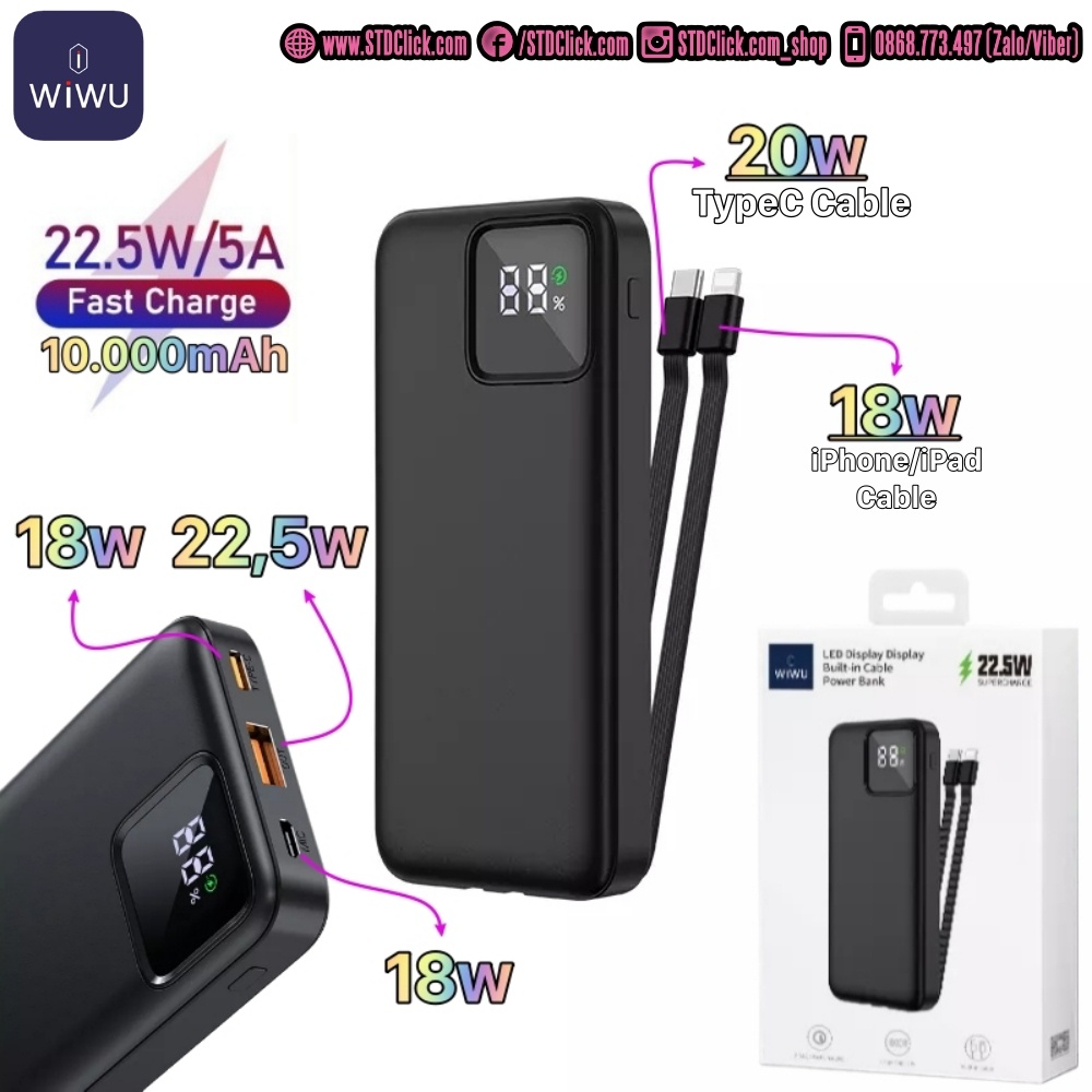 PIN SẠC DỰ PHÒNG WIWU JC-18 CHÍNH HÃNG 10.000 mAh SẠC NHANH PD - Q.C 22.5W CÓ ĐÈN LED KÈM CÁP TYPE C + IPHONE