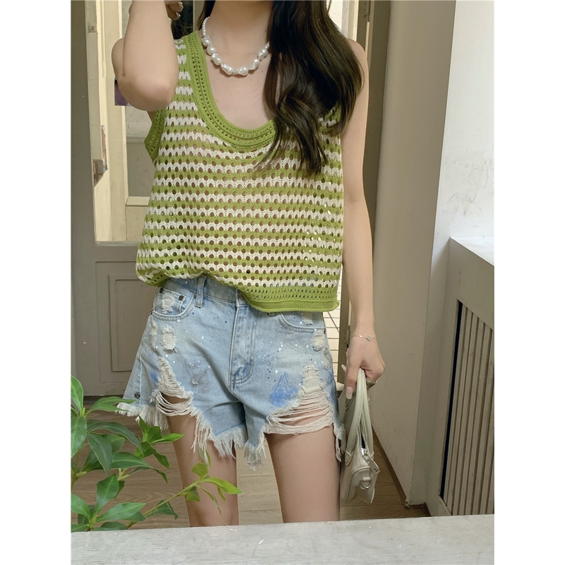 Porozi  Áo croptop sát nách  dệt kim kẻ sọc thời trang cho nữ 4 màu tự chọn