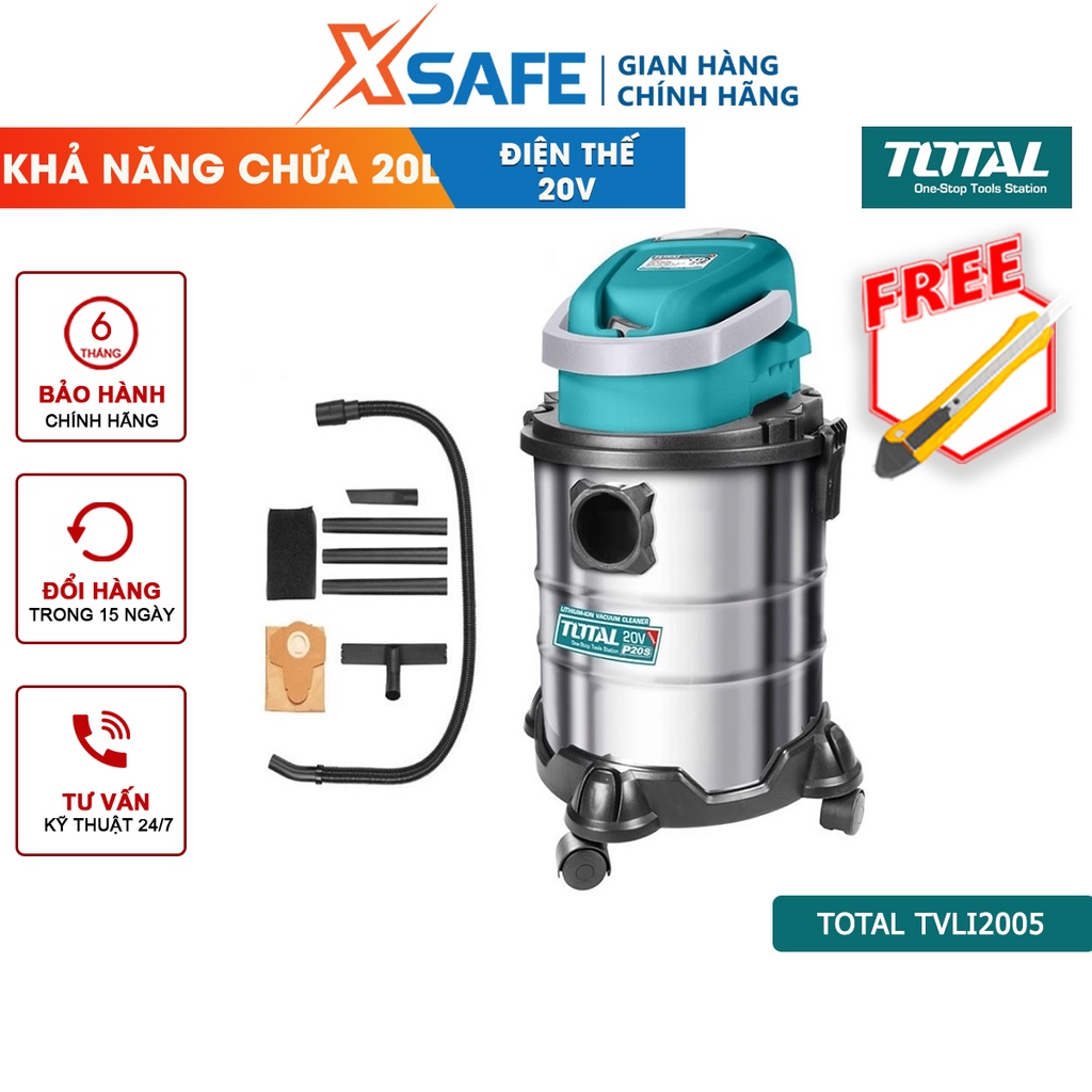 Máy hút bụi dùng pin 20V TOTAL TVLI2005 bình chứa 20L thép không gỉ - không bao gồm pin và sạc - xsafe