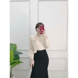 Áo sơ mi nữ bèo vai cổ nơ chéo điệu đà