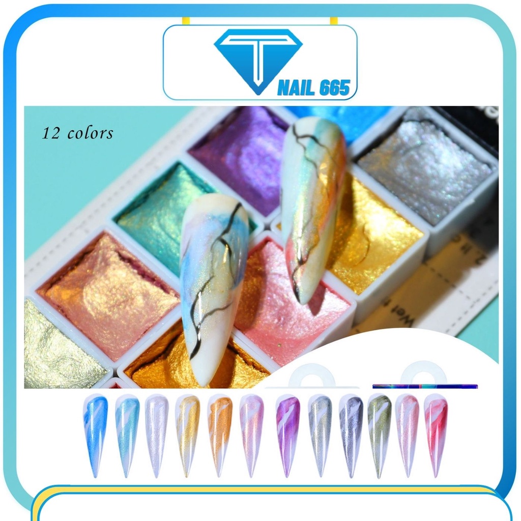 Sét màu nước gel vẽ nail 12 ô dạng khô nén vẽ hoa tạo vân đá , Sét vẽ nail siêu đặc