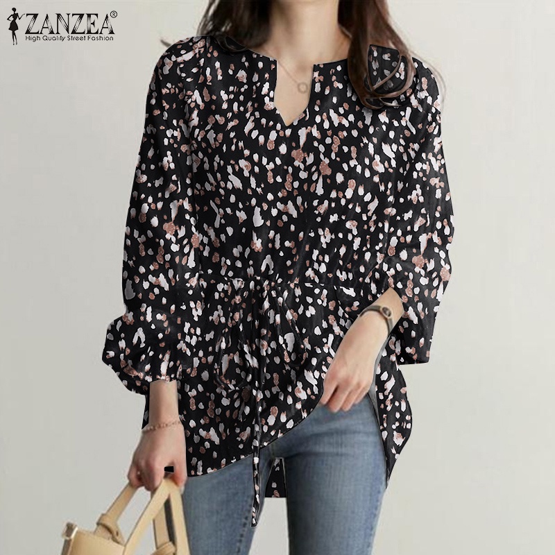 Áo kiểu Zanzea tay dài cổ chữ v eo co giãn in họa tiết da báo phong cách vintage dành cho nữ