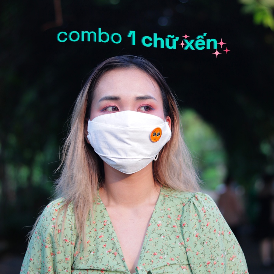Combo MỘT chữ xến: 1 khẩu trang vải linen - 1 emoji thêu chỉ kim tuyến