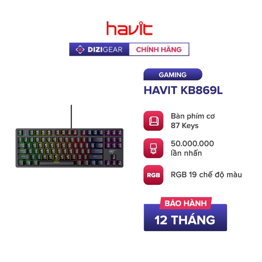 Bàn Phím Cơ Gaming HAVIT KB869L, 87 Phím, 14 Chế Độ Led Backlit Rainbow - Chính Hãng BH 12 Tháng Dizigear
