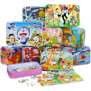 Tranh ghép hình 60 mảnh cho bé có hộp đựng- chủ đề muôn thú, con người lao động ( có mèo Tom, doremon)