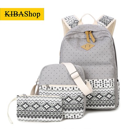 Combo Balo + Túi xách + Ví Chấm Bi Họa Tiết Nhập Khẩu Chính Hãng Phong Cách Hàn Quốc Da Đẹp Như Hình Màu Xám BL102XA