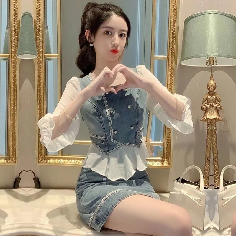 Set Áo Thun Ngắn Tay + Chân Váy Denim Thời Trang Cho Nữ