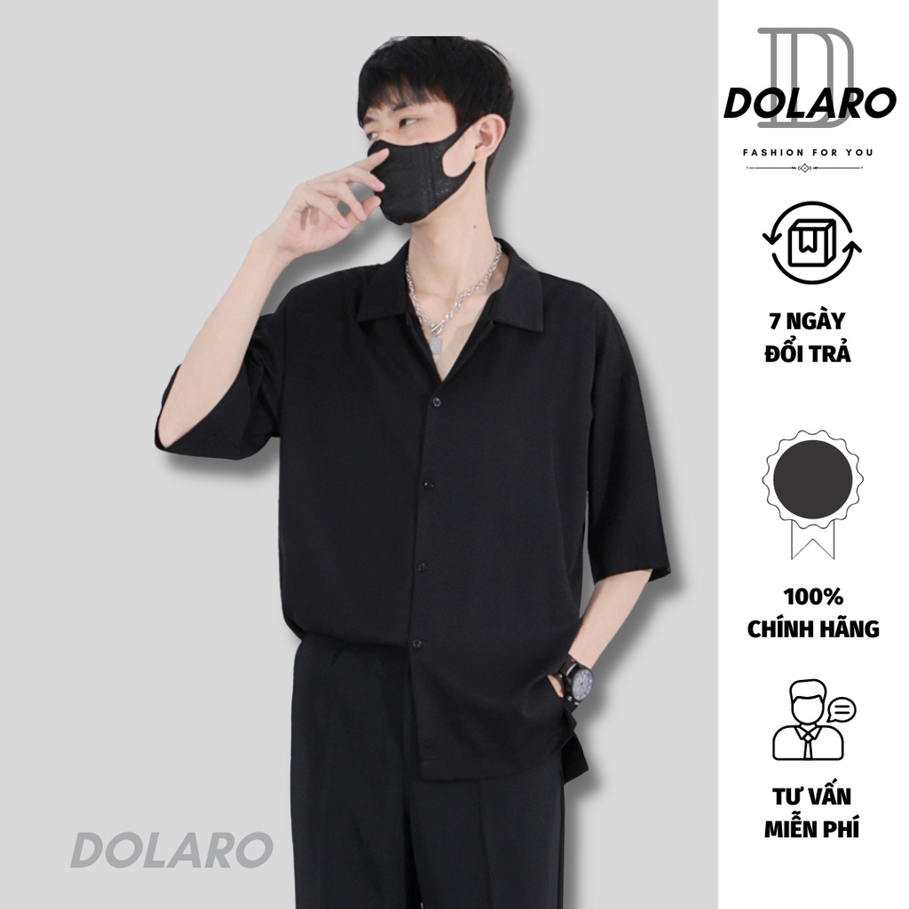 Áo sơ mi nam DOLARO phong cách hàn quốc form rộng cổ vest màu đen chất vải lụa cao cấp