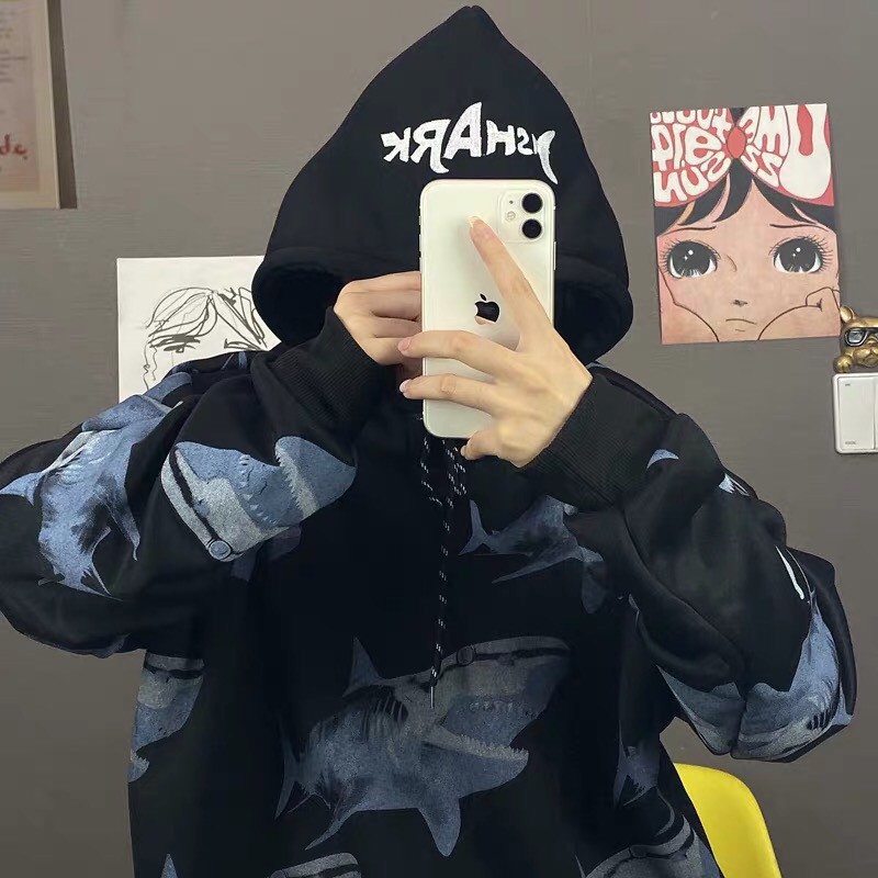 Áo nỉ hoodie cá sấu đen xanh loang mùa thu đông phong cách Hàn Quốc  có mũ  ulzzang cực xinh nhiều màu