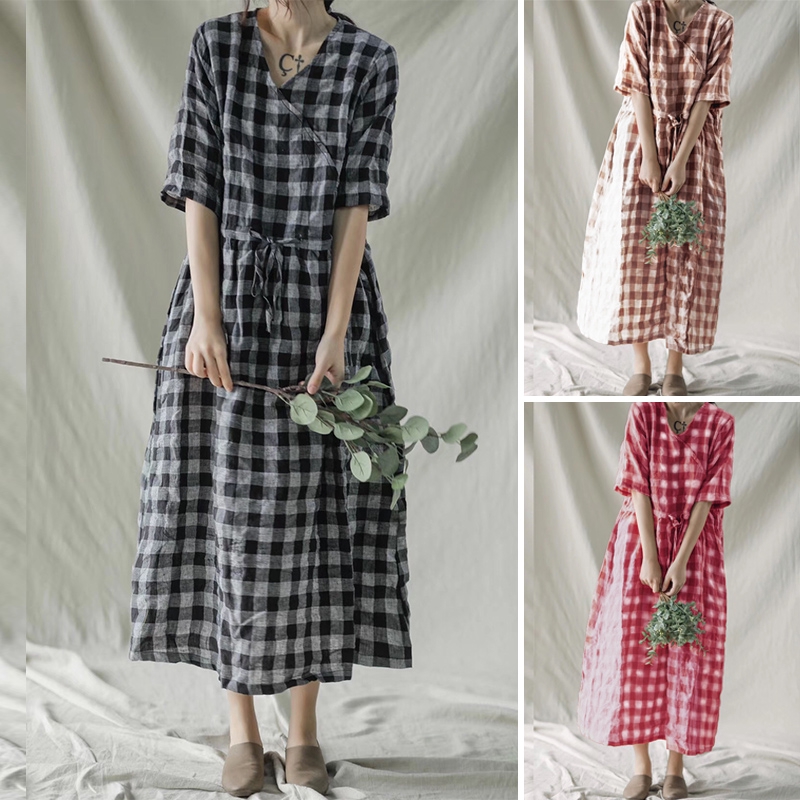 Đầm ZANZEA Ca Rô Tay Lửng Cổ Bẻ Dáng Dài Rộng Thời Trang Hàn Quốc Cho Nữ