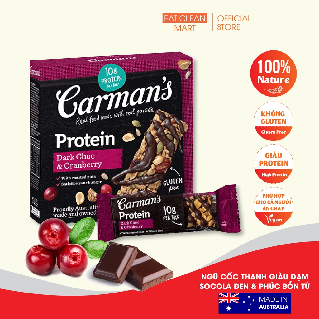 Thanh Giàu Đạm Carman's Protein Bar Dark Choc & Cranberry - Socola đen & Nam Việt Quất - 200g