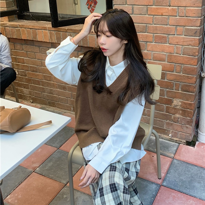 Áo Len Không Tay Cổ Chữ V Form Rộng Phong Cách Preppy Dễ Phối Đồ