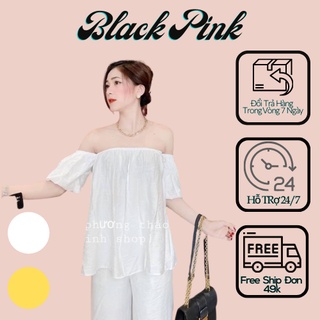 [ Ảnh Thật Tự Chụp] Bộ Đũi Trễ Vai Quần Dài Black Pink Store
