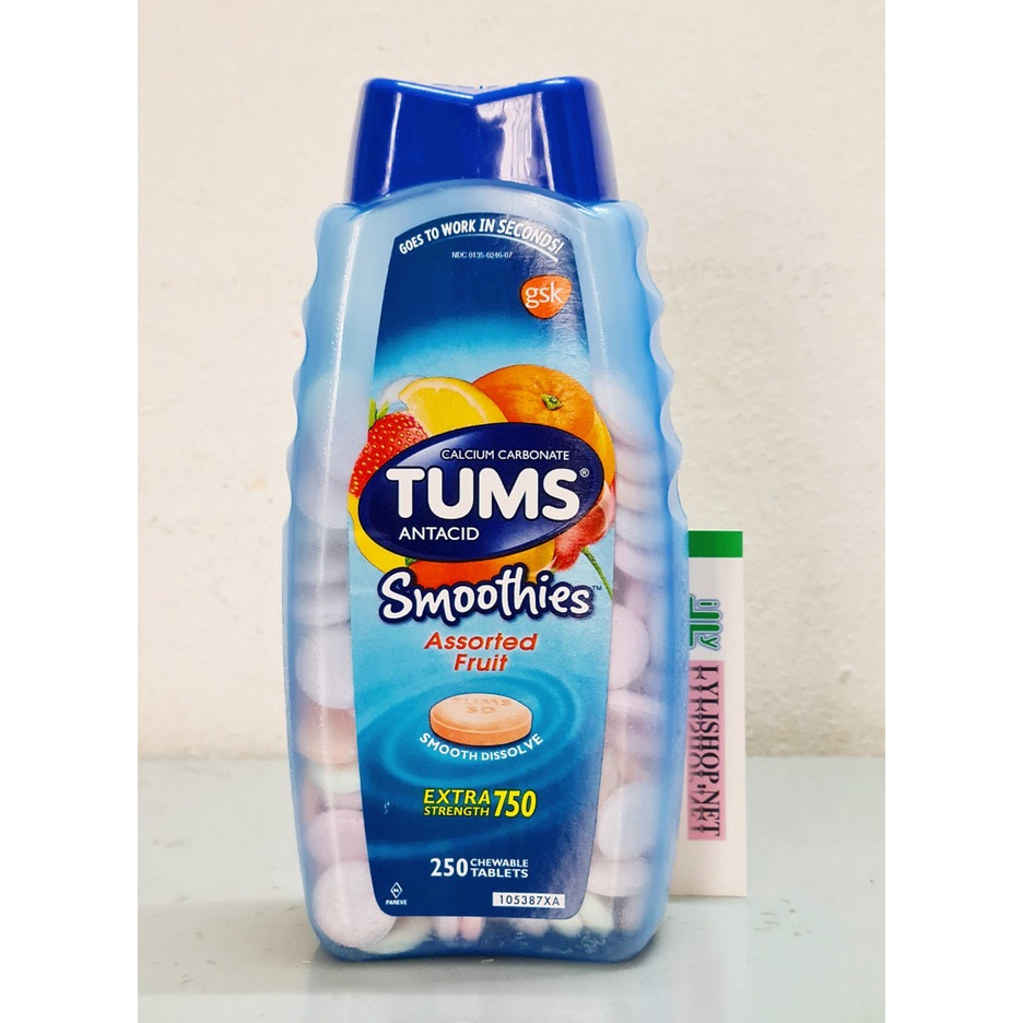Viên Kẹo Nhai hỗ trợ tiêu hóa Tums Smoothies Assorted Fruit từ Mỹ chai 250 viên