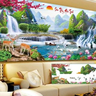 Tranh đính đá lưu thủy sinh tài tuyệt đẹp kt 120×60cm