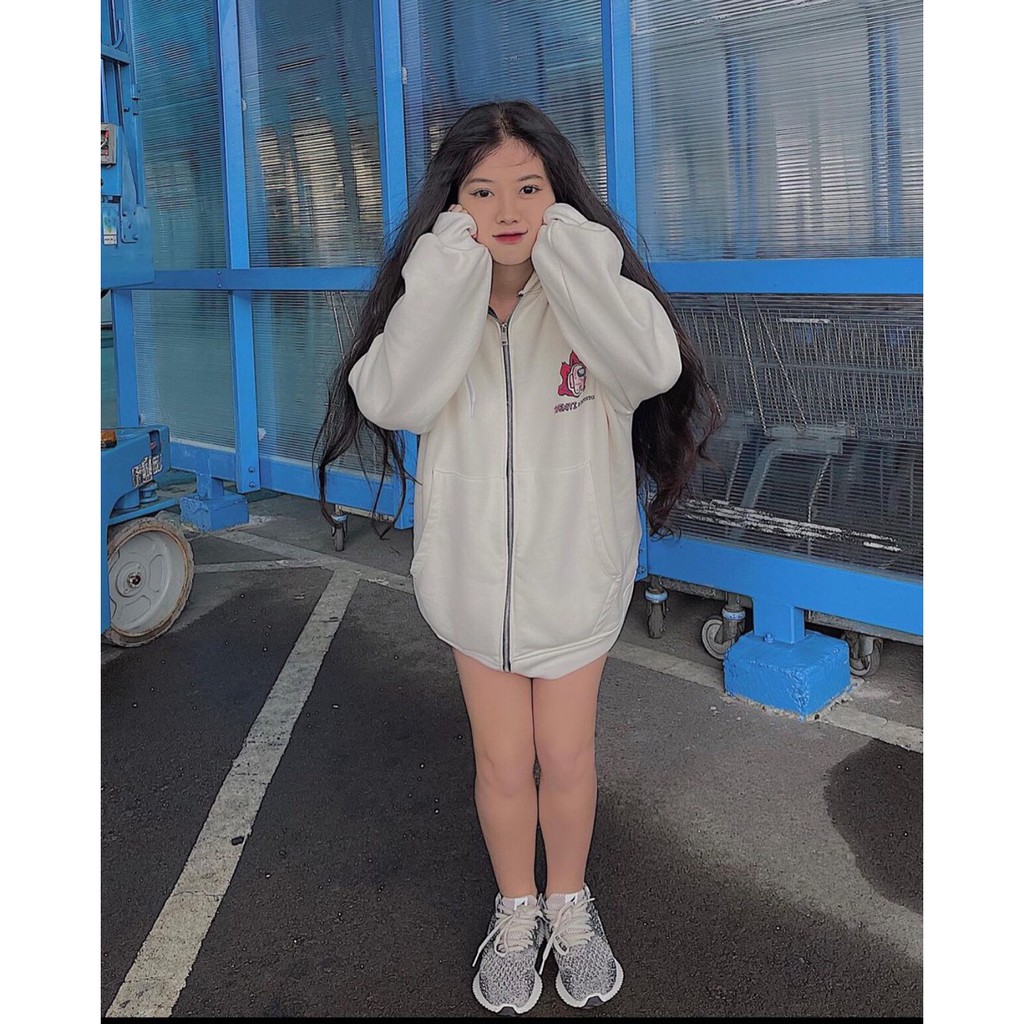 Áo khoác nỉ bông nam nữ form rộng unisex hoạt hình có mũ 🌸 Áo sweater ulzzang màu trắng có khoá kéo🌸 freeship🌸 sale