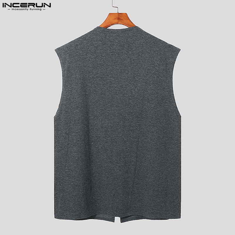 INCERUN Áo Thun Dài Không Tay Màu Trơn Thời Trang Cho Nam