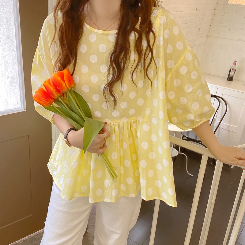 IELGY Áo Sơ Mi Cổ Tròn Tay Ngắn Dáng Rộng In Họa Tiết Chấm Bi Màu Vàng Phong Cách Hàn Quốc Cho Nữ