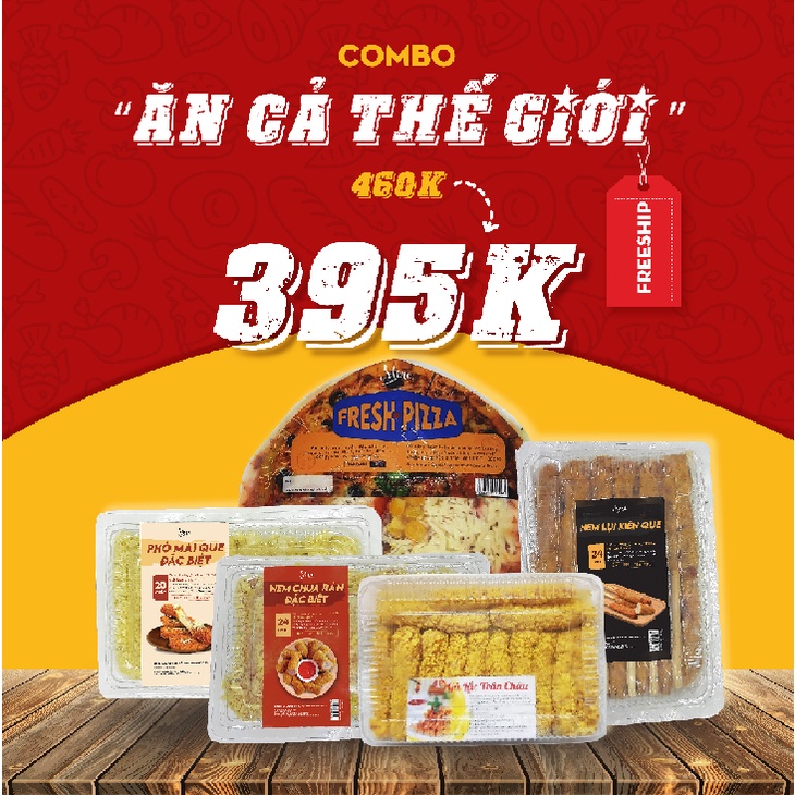 Combo 5 sản phẩm (Khoai lang kén, nem chua rán, nem lụi nướng, pizza, gà lắc trân châu) chỉ giao nội thành Hà Nội