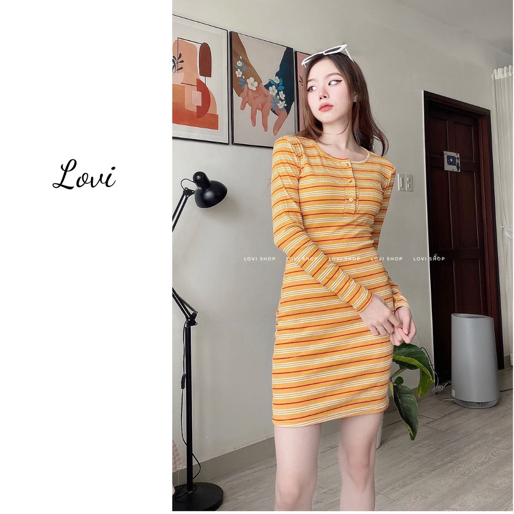 Đầm body thun gân sọc 3 màu Lovi
