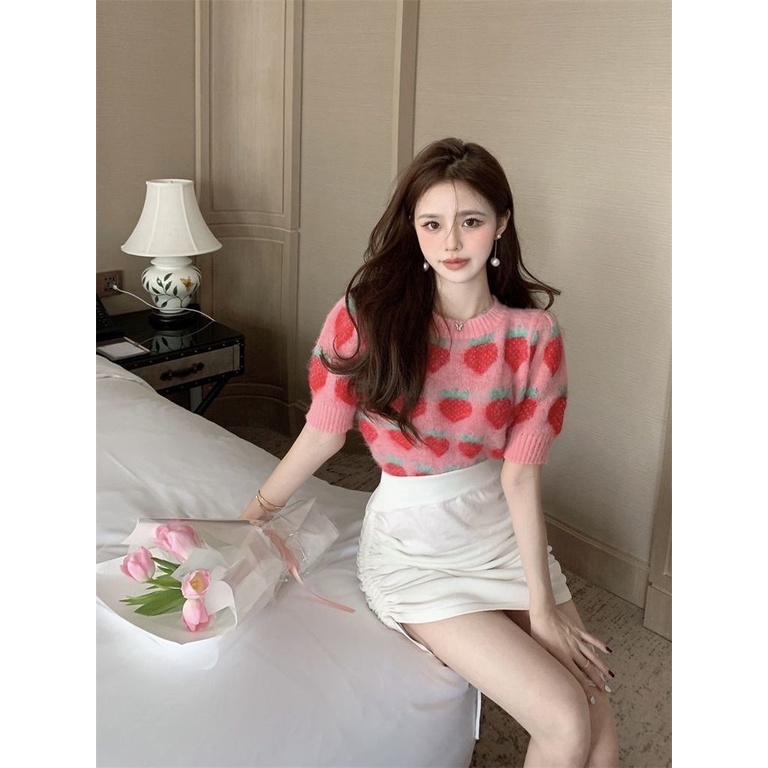 Áo sweater Dệt Kim In Hình Dâu Tây Xinh Xắn Cho Nữ
