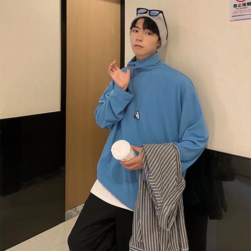 Áo thun tay dài cổ cao dáng rộng màu sắc thời trang cho nam