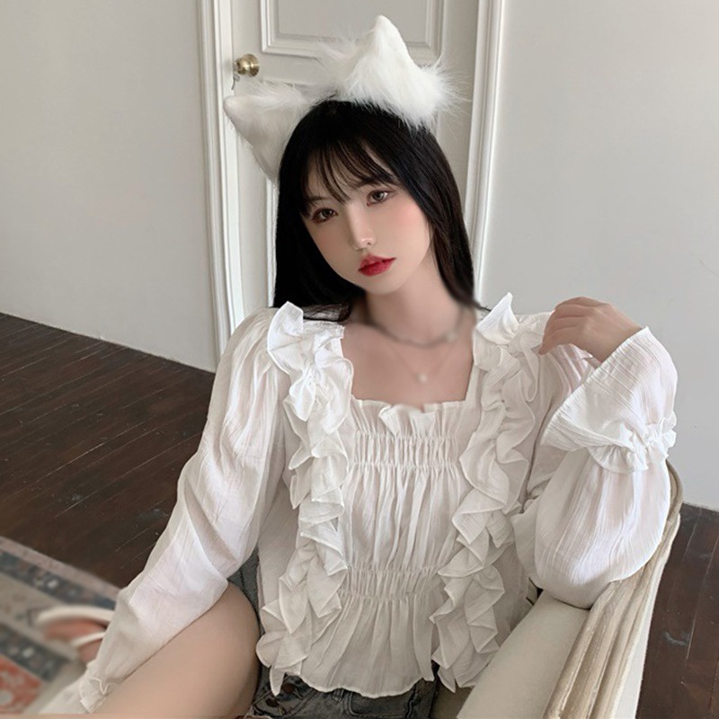 Áo Sơ Mi Chiffon Tay Dài Cổ Vuông Màu Sắc Ngọt Ngào Phong Cách Hàn Quốc Cho Nữ