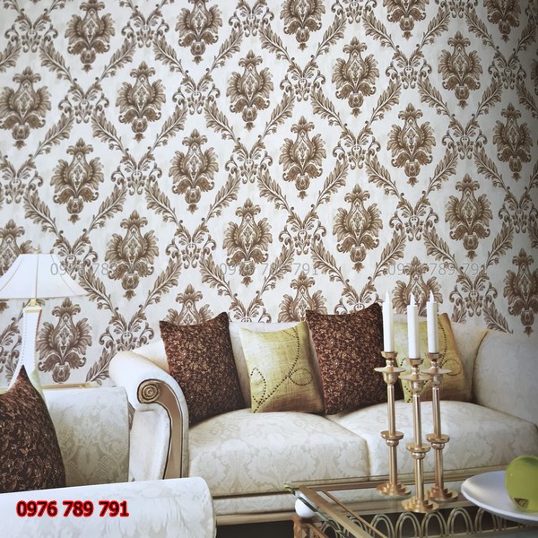 Giấy Dán Tường Hoa Văn Cổ Điển Châu Âu 3d, Phòng Khách, Phòng Ngủ, Lụa Không Keo, Khổ 10m x 53 cm, Màu Vàng Đẹp