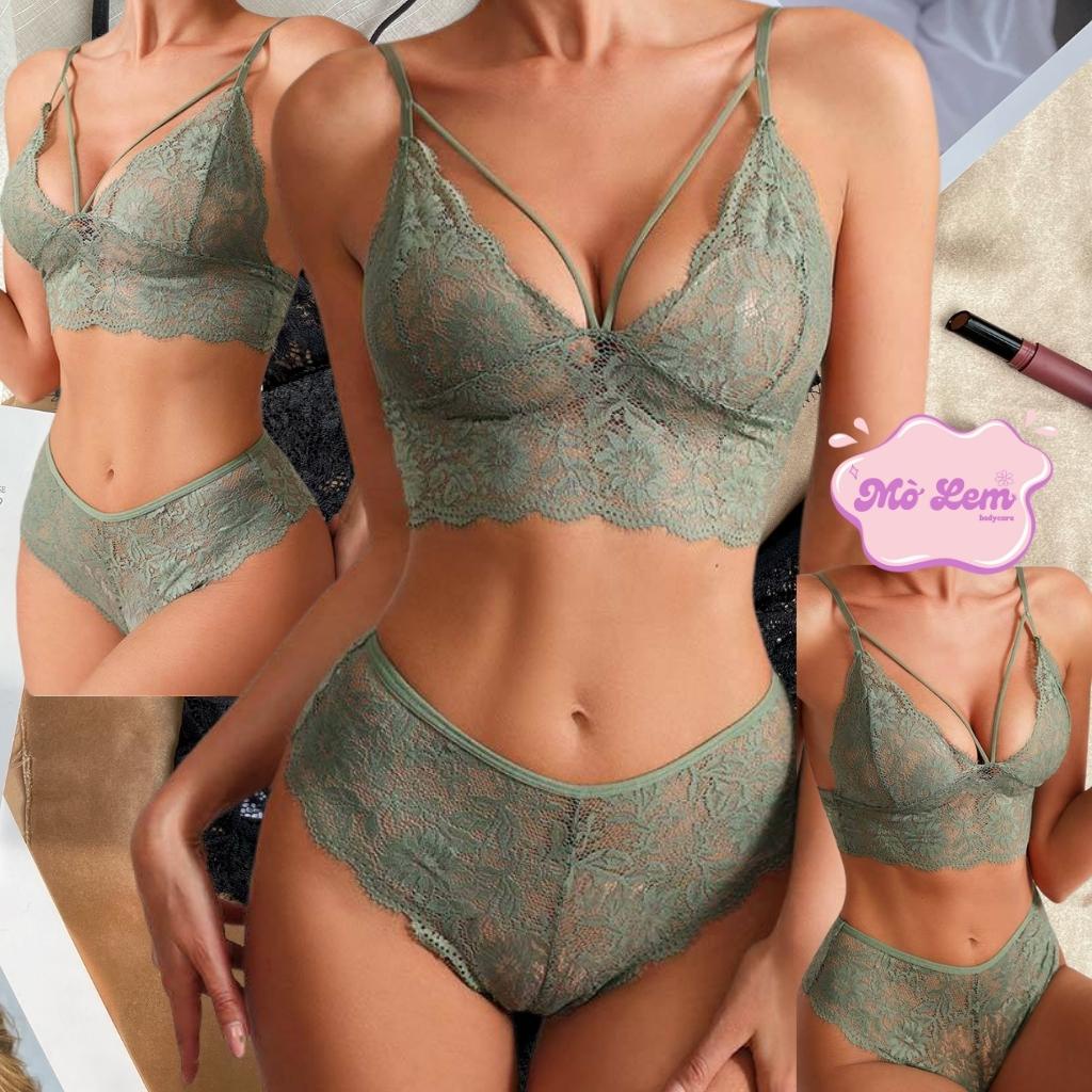 Đồ lót ren sexy màu đen & đỏ có dây ôm ngực nguyên set gồm áo + quần. Ren siêu mềm co dãn | Mờ Lem Bodycare
