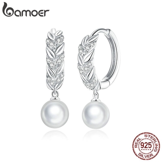 Bamoer Bông Tai bạc 925 Đính Ngọc Trai Sáng Bóng bse446