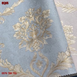 Giấy dán tường cao cấp châu âu ,hoa văn mầu xanh in nổi dài 10m  khổ 0,53 m,giấy lụa Không keo công nghệ đức