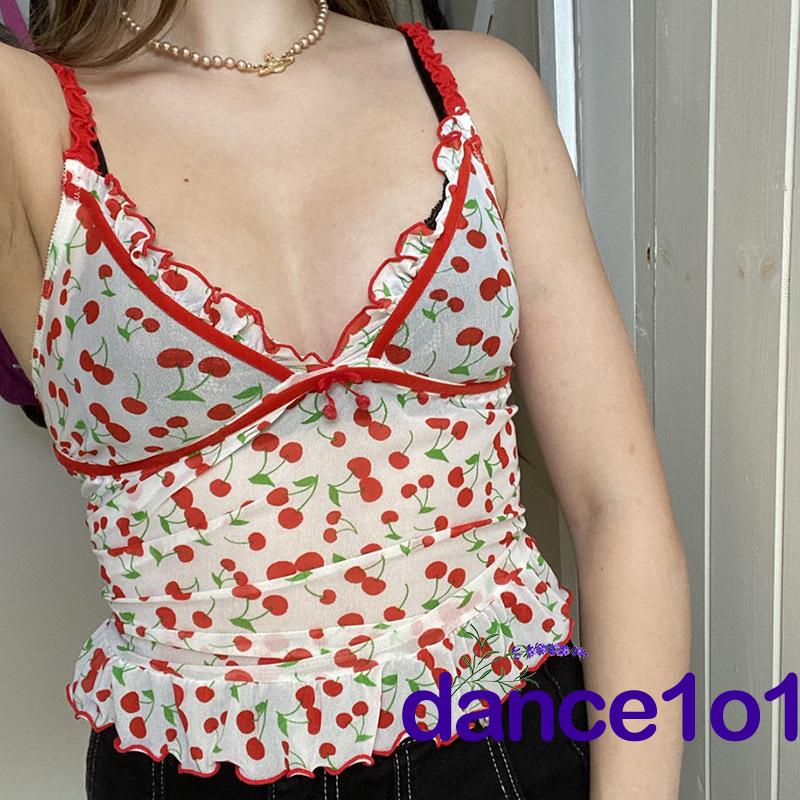 Áo Hai Dây In Hình Trái Cherry Gợi Cảm Cho Nữ