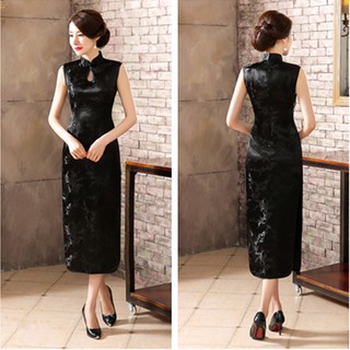 ĐẦM SƯỜN XÁM DÁNG DÀI CỔ TÀU GIỌT NƯỚC SÁT NÁCH NỀN ĐEN HỌA TIẾT HOA SANG TRỌNG CÓ SIZE LỚN - HÀNG NHẬP KHẨU