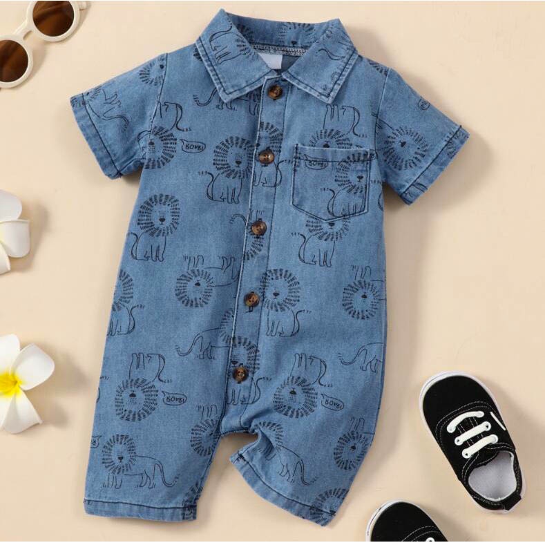 Áo liền quần Denim Tay Ngắn In Hoạt Hình Sư Tử Dễ Thương Cho Bé Trai