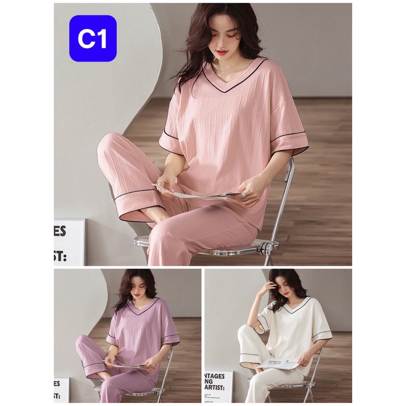 Đồ Bộ Mặc Nhà Nữ Cộc Tay Thun Cotton Thu Đông 2022 ( Hàng Quảng Châu Cao Cấp)