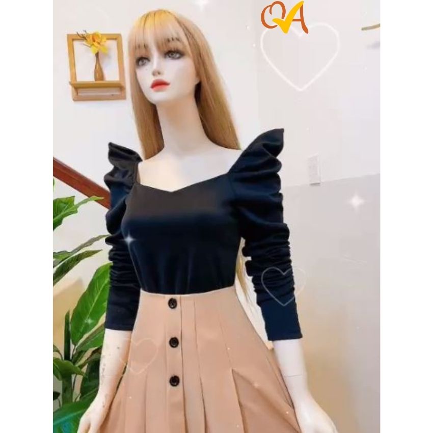 Set váy nữ tiểu thư chân váy nút màu da phối với áo thun tay dài thời trang dạo phố, công sở Quocanh
